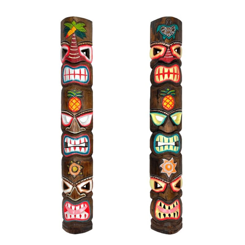 Set of 2 Triple-Faced Tiki Wall Sculptures – Palm Tree, Sun & Sea Turtle Designs